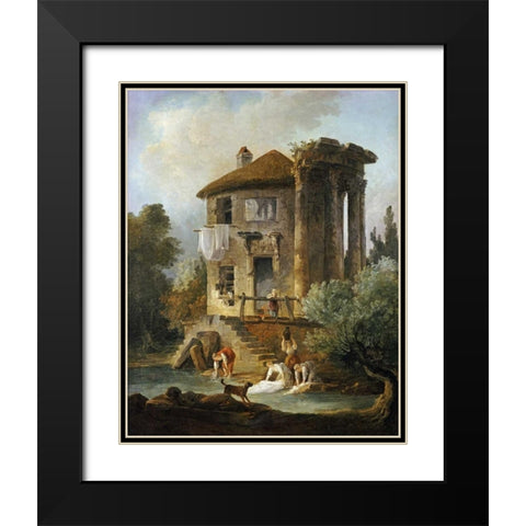 Washerwomen Outside The Temple of The Sibyl, Tivoli Black Modern Wood Framed Art Print with Double Matting by Robert, Hubert