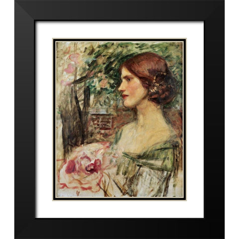 Portrait of a Lady In a Green Dress Black Modern Wood Framed Art Print with Double Matting by Waterhouse, John William