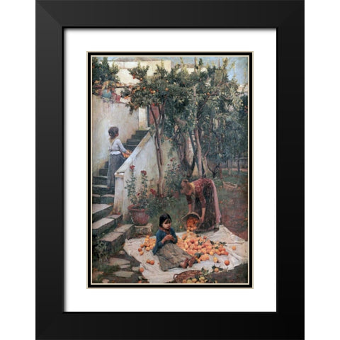 The Orange Gatherers Black Modern Wood Framed Art Print with Double Matting by Waterhouse, John William