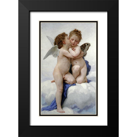 The First Kiss Black Modern Wood Framed Art Print with Double Matting by Bouguereau, William-Adolphe