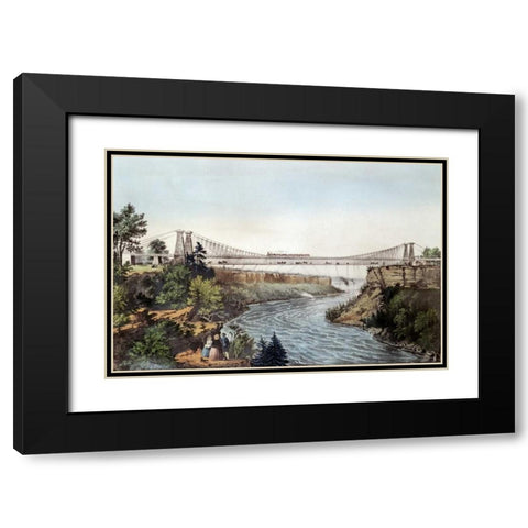 The Rail Road Suspension Bridge Black Modern Wood Framed Art Print with Double Matting by Currier and Ives