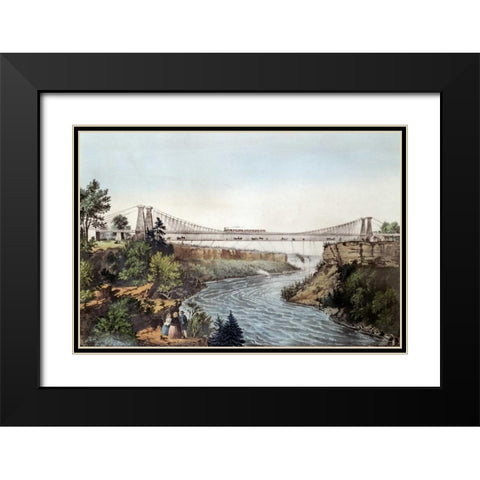 The Rail Road Suspension Bridge Black Modern Wood Framed Art Print with Double Matting by Currier and Ives