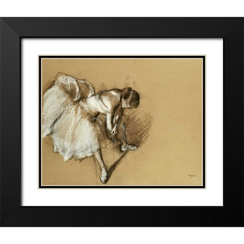 Dancer Adjusting Her Shoe Black Modern Wood Framed Art Print with Double Matting by Degas, Edgar