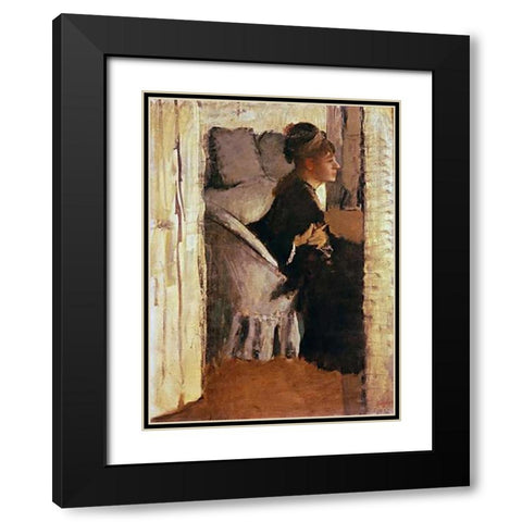 Woman Putting On Her Gloves Black Modern Wood Framed Art Print with Double Matting by Degas, Edgar