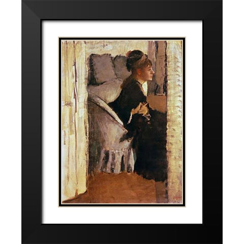 Woman Putting On Her Gloves Black Modern Wood Framed Art Print with Double Matting by Degas, Edgar