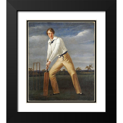 A Cricketer at The Crease Black Modern Wood Framed Art Print with Double Matting by English School