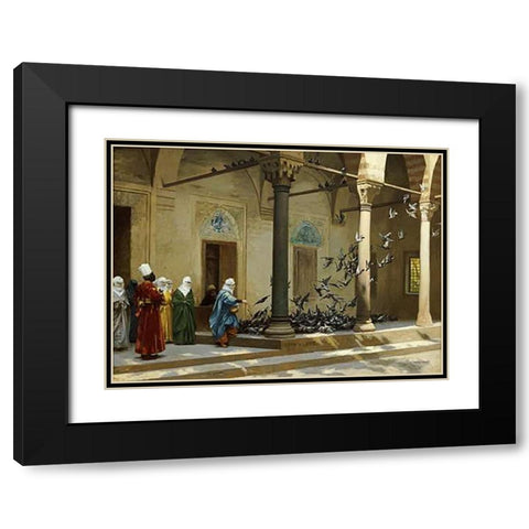Harem Women Feeding Pigeons In a Courtyard Black Modern Wood Framed Art Print with Double Matting by Gerome, Jean Leon
