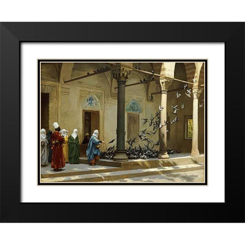Harem Women Feeding Pigeons In a Courtyard Black Modern Wood Framed Art Print with Double Matting by Gerome, Jean Leon
