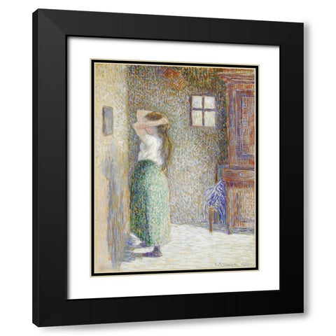 Country Girl at Her Toilet Black Modern Wood Framed Art Print with Double Matting by Pissarro, Camille