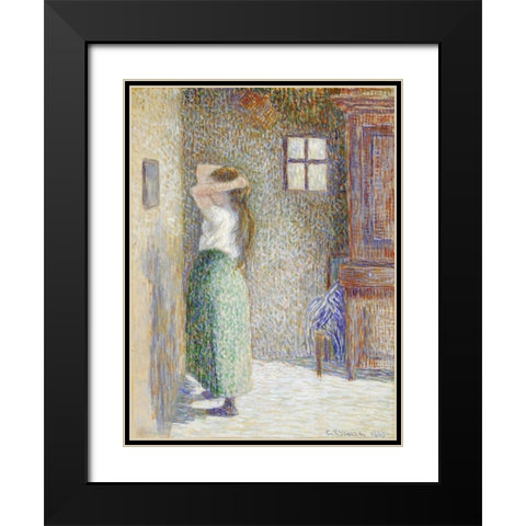 Country Girl at Her Toilet Black Modern Wood Framed Art Print with Double Matting by Pissarro, Camille