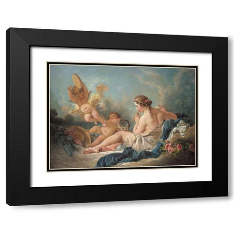 Nymph Playing The Flute With Putti Black Modern Wood Framed Art Print with Double Matting by Boucher, Francois