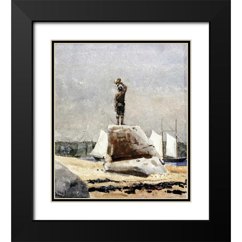 Boy Hailing Schooners Black Modern Wood Framed Art Print with Double Matting by Homer, Winslow