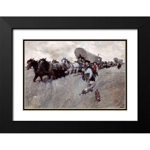 The Connecticut Settlers Entering The Western Reserve Black Modern Wood Framed Art Print with Double Matting by Pyle, Howard