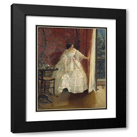Lady at a Window Feeding Birds Black Modern Wood Framed Art Print with Double Matting by Stevens, Alfred
