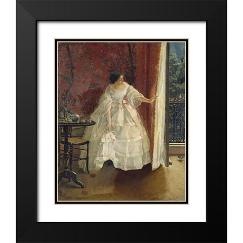 Lady at a Window Feeding Birds Black Modern Wood Framed Art Print with Double Matting by Stevens, Alfred