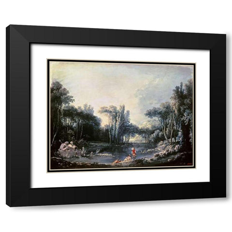 Landscape With a Pond Black Modern Wood Framed Art Print with Double Matting by Boucher, Francois