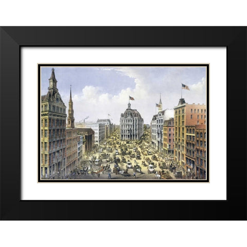 Broadway New York Black Modern Wood Framed Art Print with Double Matting by Currier and Ives