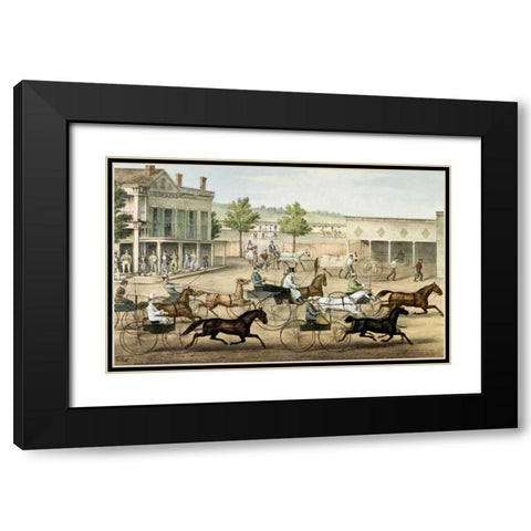 Going To The Trot Black Modern Wood Framed Art Print with Double Matting by Currier and Ives