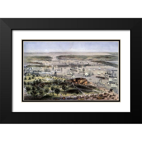 Port of New York Birds Eye View From The Battery, Looking South Black Modern Wood Framed Art Print with Double Matting by Currier and Ives