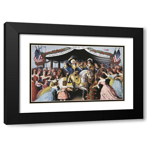 Washingtons Reception, On The Bridge Trenton Black Modern Wood Framed Art Print with Double Matting by Currier and Ives