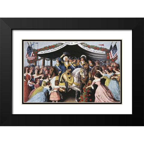 Washingtons Reception, On The Bridge Trenton Black Modern Wood Framed Art Print with Double Matting by Currier and Ives