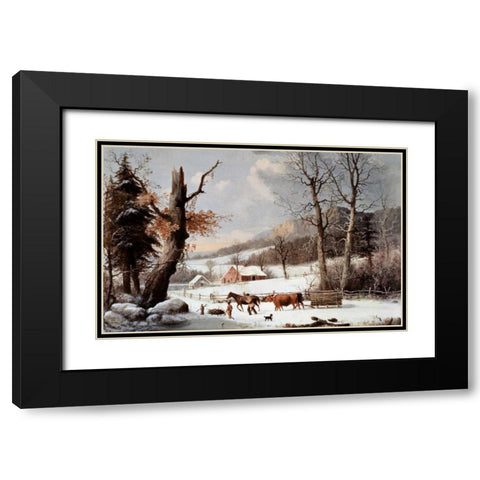 Winter In The Country - Homeward From The Wood-Lot Black Modern Wood Framed Art Print with Double Matting by Currier and Ives