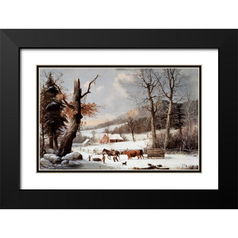 Winter In The Country - Homeward From The Wood-Lot Black Modern Wood Framed Art Print with Double Matting by Currier and Ives