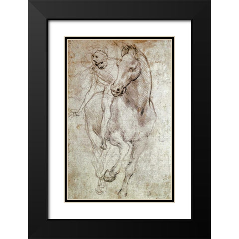 Horse and Rider Black Modern Wood Framed Art Print with Double Matting by Da Vinci, Leonardo