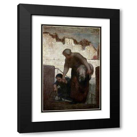 Laundress Black Modern Wood Framed Art Print with Double Matting by Daumier, Honore