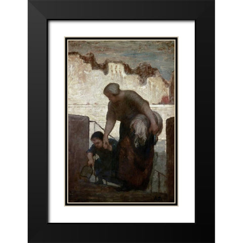Laundress Black Modern Wood Framed Art Print with Double Matting by Daumier, Honore