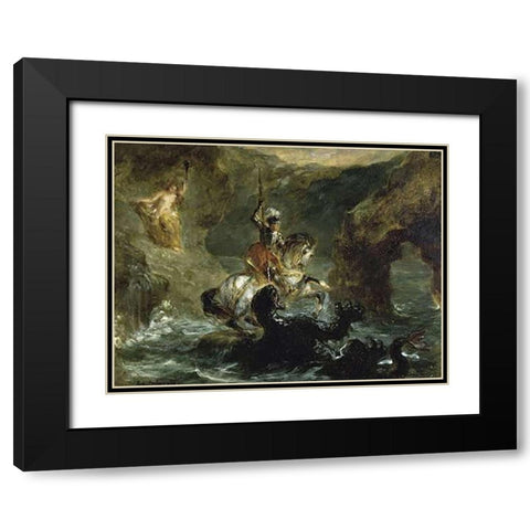 St. George Fighting the Dragon Black Modern Wood Framed Art Print with Double Matting by Delacroix, Eugene
