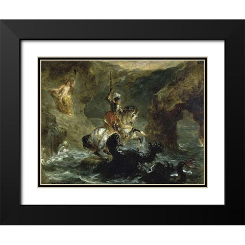 St. George Fighting the Dragon Black Modern Wood Framed Art Print with Double Matting by Delacroix, Eugene