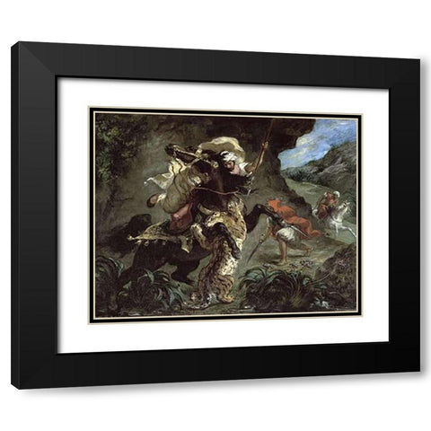 Tiger Hunt Black Modern Wood Framed Art Print with Double Matting by Delacroix, Eugene