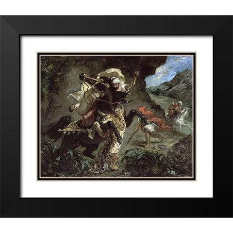 Tiger Hunt Black Modern Wood Framed Art Print with Double Matting by Delacroix, Eugene