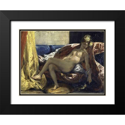Woman Caressing a Parrot Black Modern Wood Framed Art Print with Double Matting by Delacroix, Eugene