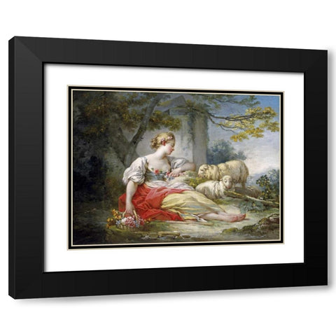 Shepherdess Seated with Sheep and a Basket of Flowers Near a Ruin in a Wooded Landscape Black Modern Wood Framed Art Print with Double Matting by Fragonard, Jean Honore