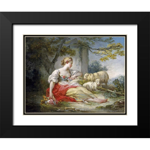 Shepherdess Seated with Sheep and a Basket of Flowers Near a Ruin in a Wooded Landscape Black Modern Wood Framed Art Print with Double Matting by Fragonard, Jean Honore
