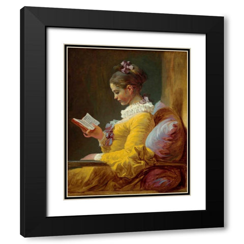 Young Girl Reading Black Modern Wood Framed Art Print with Double Matting by Fragonard, Jean Honore