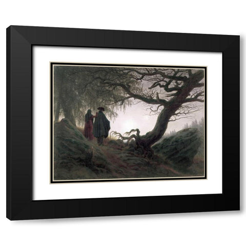 Man and Woman Contemplating The Moon Black Modern Wood Framed Art Print with Double Matting by Friedrich, Caspar David