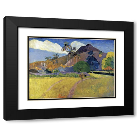 Tahitian Landscape with a Mountain Black Modern Wood Framed Art Print with Double Matting by Gauguin, Paul