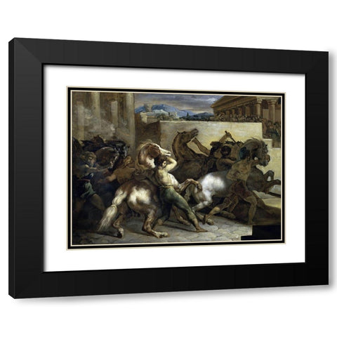 Run of The Wild Horses In Rome Black Modern Wood Framed Art Print with Double Matting by Gericault, Theodore