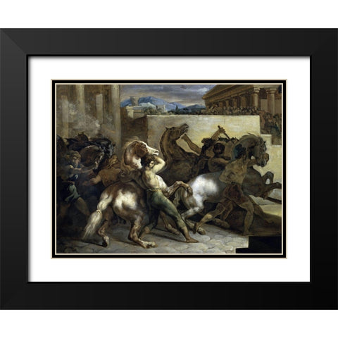 Run of The Wild Horses In Rome Black Modern Wood Framed Art Print with Double Matting by Gericault, Theodore