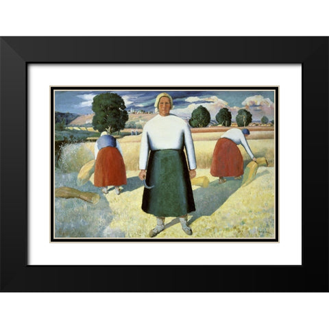 Female Farmers Black Modern Wood Framed Art Print with Double Matting by Malevich, Kazimir