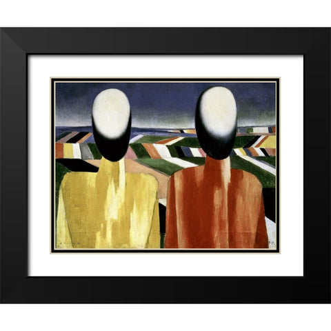 Two Farmers Black Modern Wood Framed Art Print with Double Matting by Malevich, Kazimir