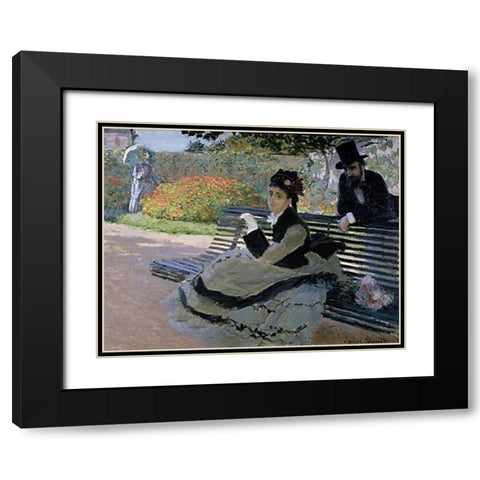 Camille Monet on a Garden Bench Black Modern Wood Framed Art Print with Double Matting by Monet, Claude