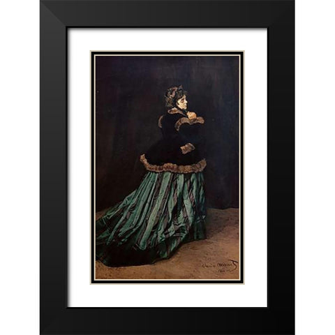 Camille, the Woman in Green Black Modern Wood Framed Art Print with Double Matting by Monet, Claude