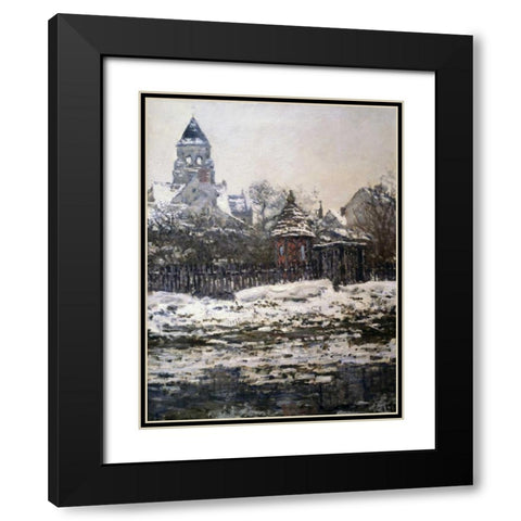 Church at Vetheuil, Winter Black Modern Wood Framed Art Print with Double Matting by Monet, Claude