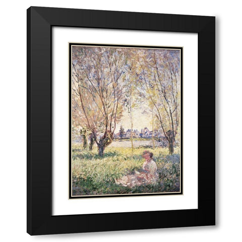 Woman Seated under the Willows Black Modern Wood Framed Art Print with Double Matting by Monet, Claude