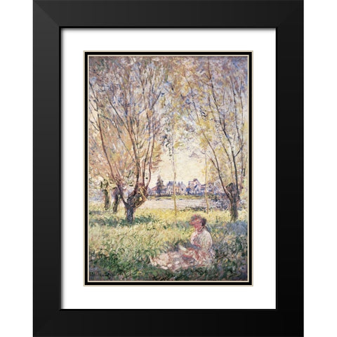 Woman Seated under the Willows Black Modern Wood Framed Art Print with Double Matting by Monet, Claude