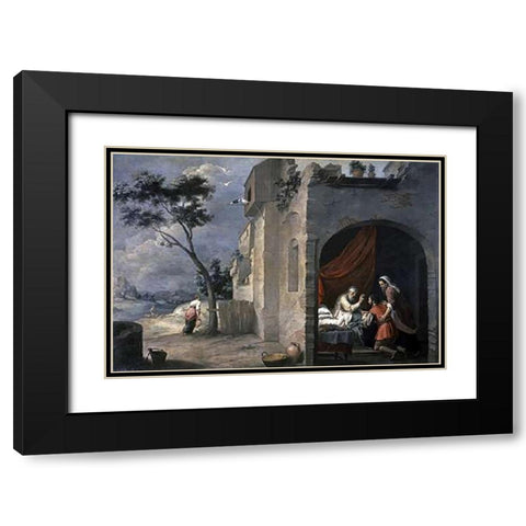 Isaac Blesses Jacob Black Modern Wood Framed Art Print with Double Matting by Murillo, Bartolome Esteban